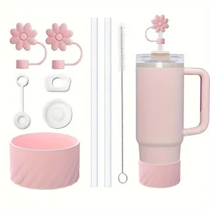 Set d'accessoires en silicone rose pour gobelet 40oz avec protège-paille et étui