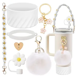 Blumen Becher Zubehör Set Silikon Schutzhülle Strohhalm Abdeckung Geflochtenes Schlüsselband Herz Anhänger Pompon Schlüsselanhänger Damen Geschenk