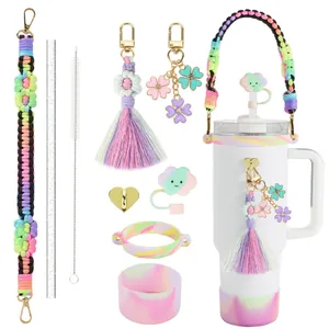 Kit d'accessoires arc-en-ciel pour gobelet isotherme avec sangle et couvre-paille nuage