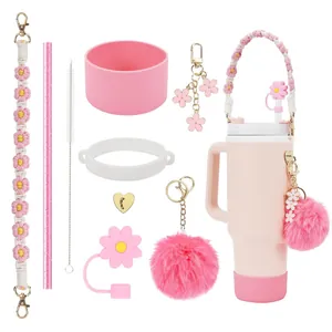 Set d'accessoires en silicone rose pour gobelet 40oz avec breloque fleur et paille incluse