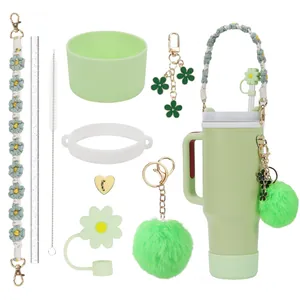 Kit d'accessoires vert menthe pour gobelet 40oz avec poignée fleur et couvre-paille