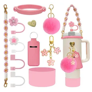 Stanley Cup Accessories Flower Woven Strap Silicone Boot Straw Cover Heart Charm Pom Pom Keychain Lip Balm Holder For Tumbler