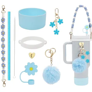 Protection en silicone avec sangle fleurie et protège-paille pour gobelets isothermes