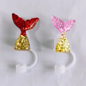 Glittering mermaid tail straw covers in pink and red for Stanley cup accessories