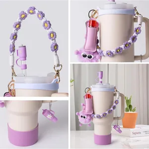 Lavender silicone cup set with floral braided strap and straw cover accessories