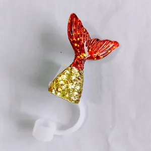 Detail of red and gold glitter mermaid tail straw topper for reusable drinking cups