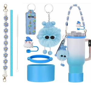 Kit d'accessoires bleus pour gobelet avec sangle fleurie, breloques et protège-paille