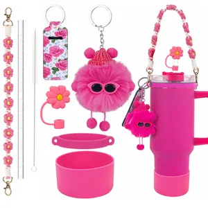 Détails du kit d'accessoires roses pour gobelet avec étui silicone et bouchon paille fleur