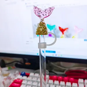 Detail of glitter mermaid tail straw cover with white silicone cap for 10mm drinking straws