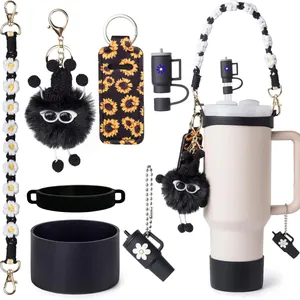 5-piece flower accessory set including straw cover, lanyard, and plush soot charm for tumblers