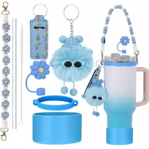 Accessoires bleus pour gobelet 40oz avec sangle fleur, paille et base en silicone