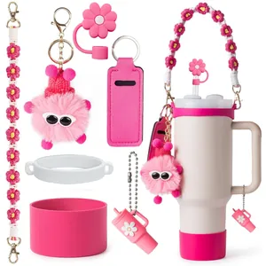 Pink silicone cup boot, daisy woven strap and monster charm kit for 40oz tumblers