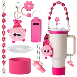 Pink accessories set for 40oz tumbler with floral handle rope and silicone straw cover