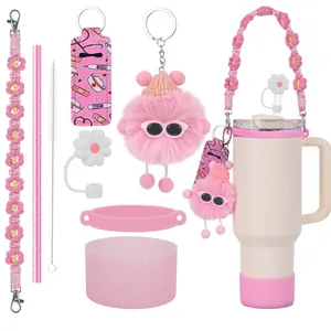 Kit d'accessoires roses pour gobelet 40oz avec paille marguerite et charme peluche