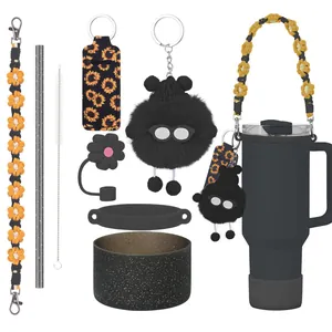 Kit d'accessoires noirs pour gobelet Stanley avec bandoulière fleur et étui silicone