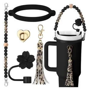 Silicone Tumbler Accessory Kit Beaded Strap Tassel Floral Straw Cover Cup Boot For Water Bottle Women Decor Gift