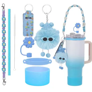 Set d'accessoires bleus pour gobelet avec sangle florale et protège-paille en silicone