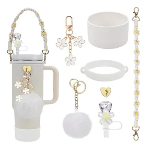 Cup Accessory Set For Handle Tumbler With Woven Strap Silicone Boot Flower Straw Cover Letter Pendant Heart Charm Pom Pom Decor