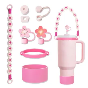Flower Woven Handle Strap Silicone Straw Cover Cup Boot For Large Tumbler Stanley Accessories Bohemian Crochet Decoration