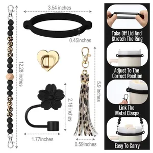 Silicone tumbler charm set with leopard print strap and 26 alphabet letters accessories