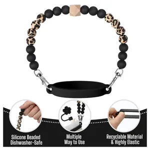 Black leopard silicone beaded lanyard with wooden bead and carabiner for Stanley tumbler