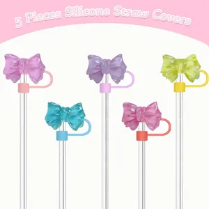 Set van 5 kleurrijke glitter siliconen strik rietje covers voor 10mm Stanley beker rietjes