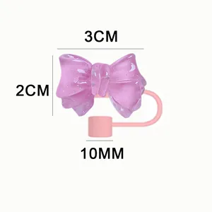 Roze glitter strik rietje dop voor 10mm rietjes, Stanley Cup accessoire maat 3x2cm