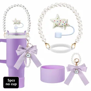 Silicone Cup Boot With Pearl Handle Chain Straw Cover Bow Pendant Charm For Water Bottle Decoration Sweet Cup Accessories