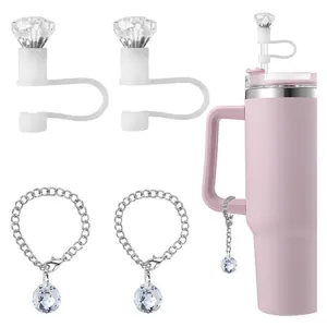 Ensemble de Charms pour Gobelet en Acier Inoxydable et Couvre-Paille en Silicone Diamant Accessoires Capuchon Antipoussière Pendentif Chaîne Décorative
