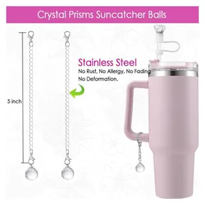 Chaîne à boule de cristal en acier inoxydable pour gobelet avec fermoir mousqueton