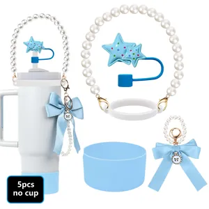 5pcs light blue silicone cup accessory set with pearl handle and star straw topper
