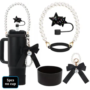 5-piece set of pearl chain handle, star straw cover, and bow charm for tumblers