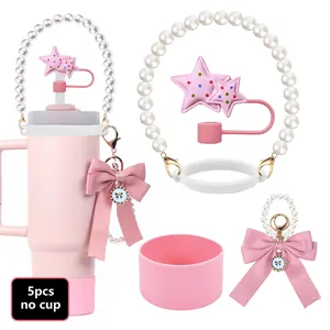 Pink 5pcs silicone straw cover set with pearl chain handle and bow for water bottles