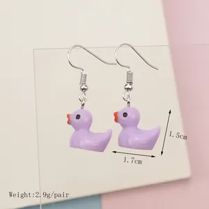 Cute purple resin duck earrings with silver hooks for women and girls, 1.5cm height