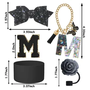 Set d'accessoires à nœud noir brillant et initiale pour gobelet 30/40oz avec tailles