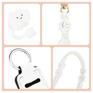 Kit d'accessoires blancs pour gobelet Stanley avec breloque smiley et corde tressée