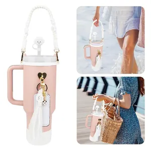 Set gobelet isotherme rose 40oz avec poignée tressée, breloque cœur et couvre-paille nuage