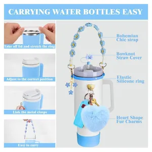 Kit d'accessoires pour gobelet 40oz avec sangle marguerite bleue et pendentif cœur