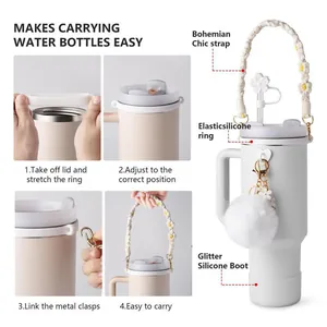 Bohemian Stanley cup accessoires set met bloemenriem en glitter siliconen hoesje
