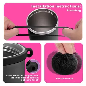 Black accessories set for Stanley tumblers with handle strap and fluffy pompom keychain