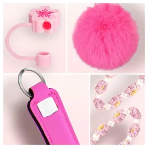 Pink accessories set for Stanley cup including silicone straw cover and fuzzy pompom charm