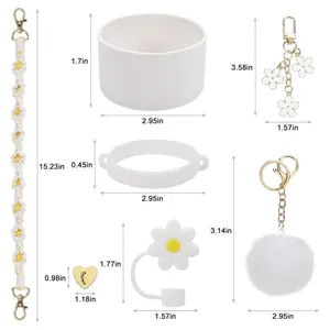 Detailed size parameters of white Stanley cup accessories with strap and boot