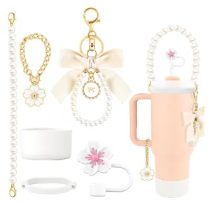 Cherry Blossom Tumbler Accessories Set Pink White Silicone Straw Cover Pearl Chain Bottom Boot Handle Wrap Flower Charms Decor For Large Capacity Cup