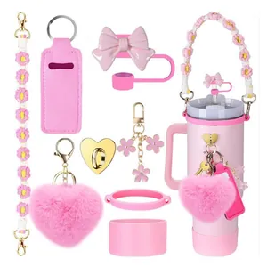 Silicone Water Bottle Accessories Straw Cover Cup Boot Decorative Heart Bow Charms Woven Strap For Large Tumbler Cup Protection Decoration