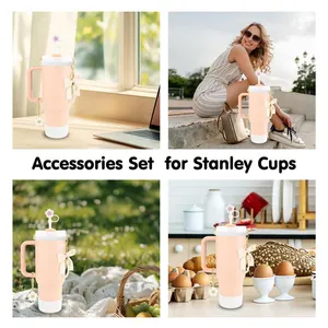 Pink floral straw cover and butterfly charm accessories set for 30-40 oz tumblers