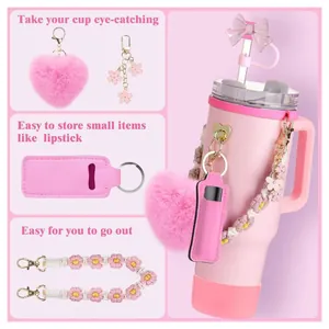 Pink silicone straw cover and flower charm accessories kit for 40oz tumbler mugs