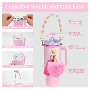 Pink tumbler accessory set with straw cover and woven handle for 40oz insulated bottles