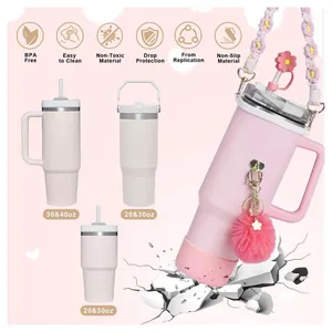 Pink accessories set for 30oz and 40oz tumblers with straw cover and handle strap