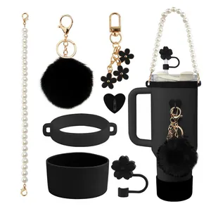 Silicone Water Bottle Accessory Set Protective Boot Faux Pearl Chain Handle Flower Straw Cover Pompom Keychain Decoration