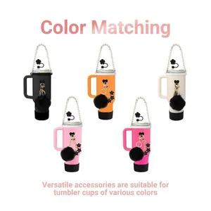 Five-color silicone cup sleeve set with pearl chain and floral charms for water bottles